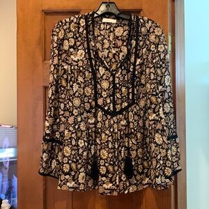 A.L.C. bohemian blouse with tassels size 10 100% silk black print